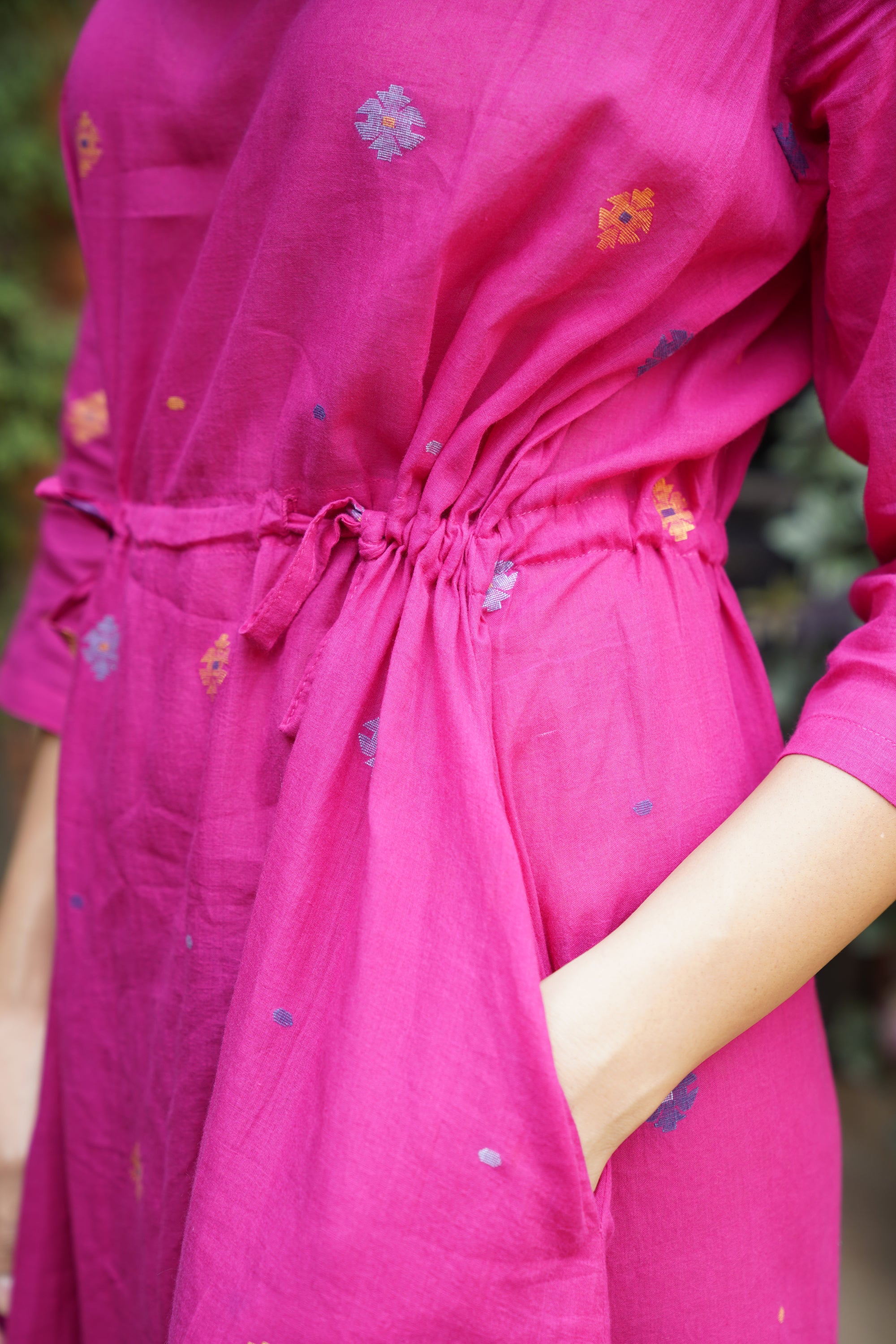 Fuchsia pink jamdani cotton dress - Aankona