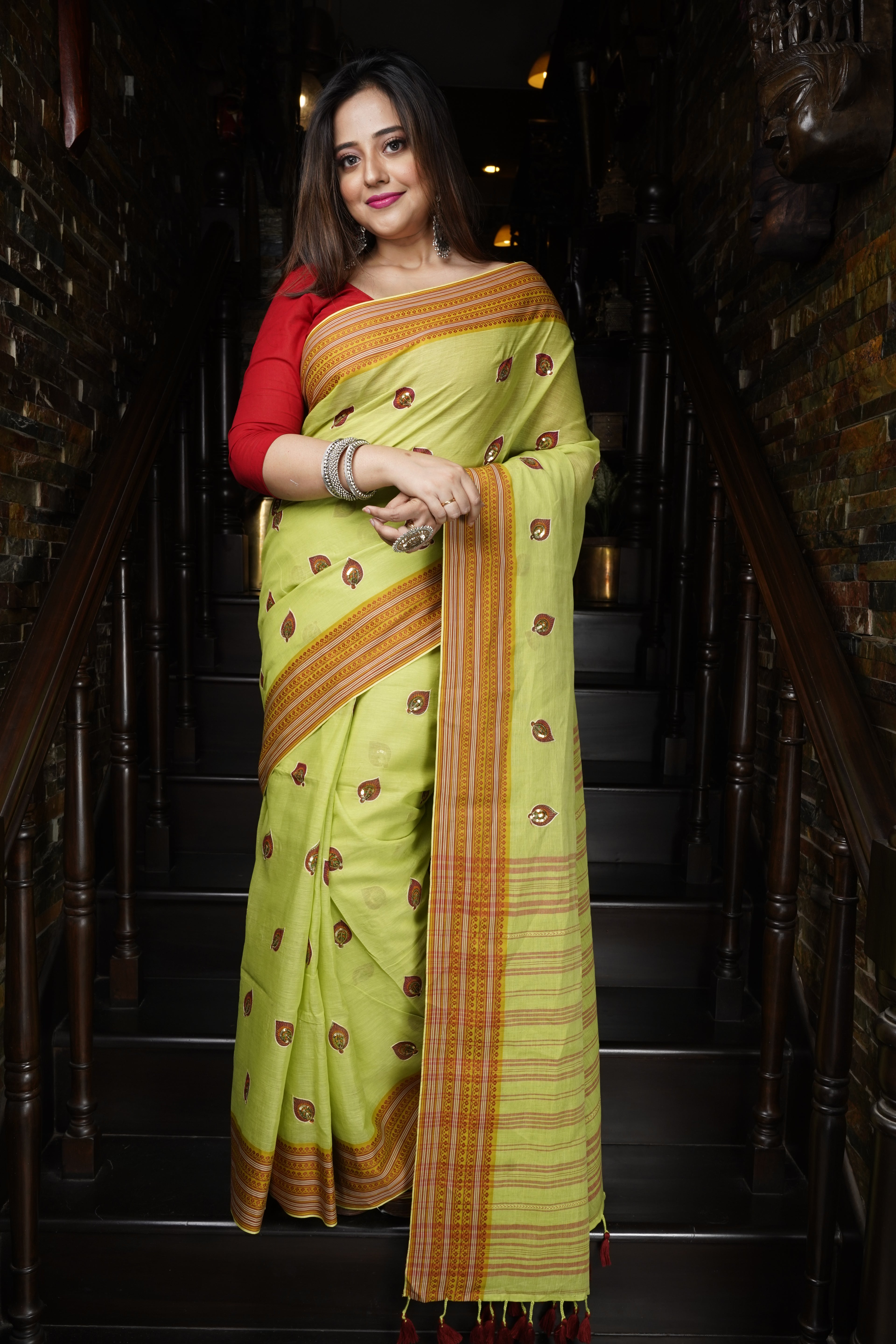 Handwoven Cotton Saree With Kantha Work