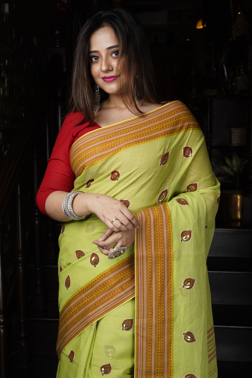 Handwoven Cotton Saree With Kantha Work