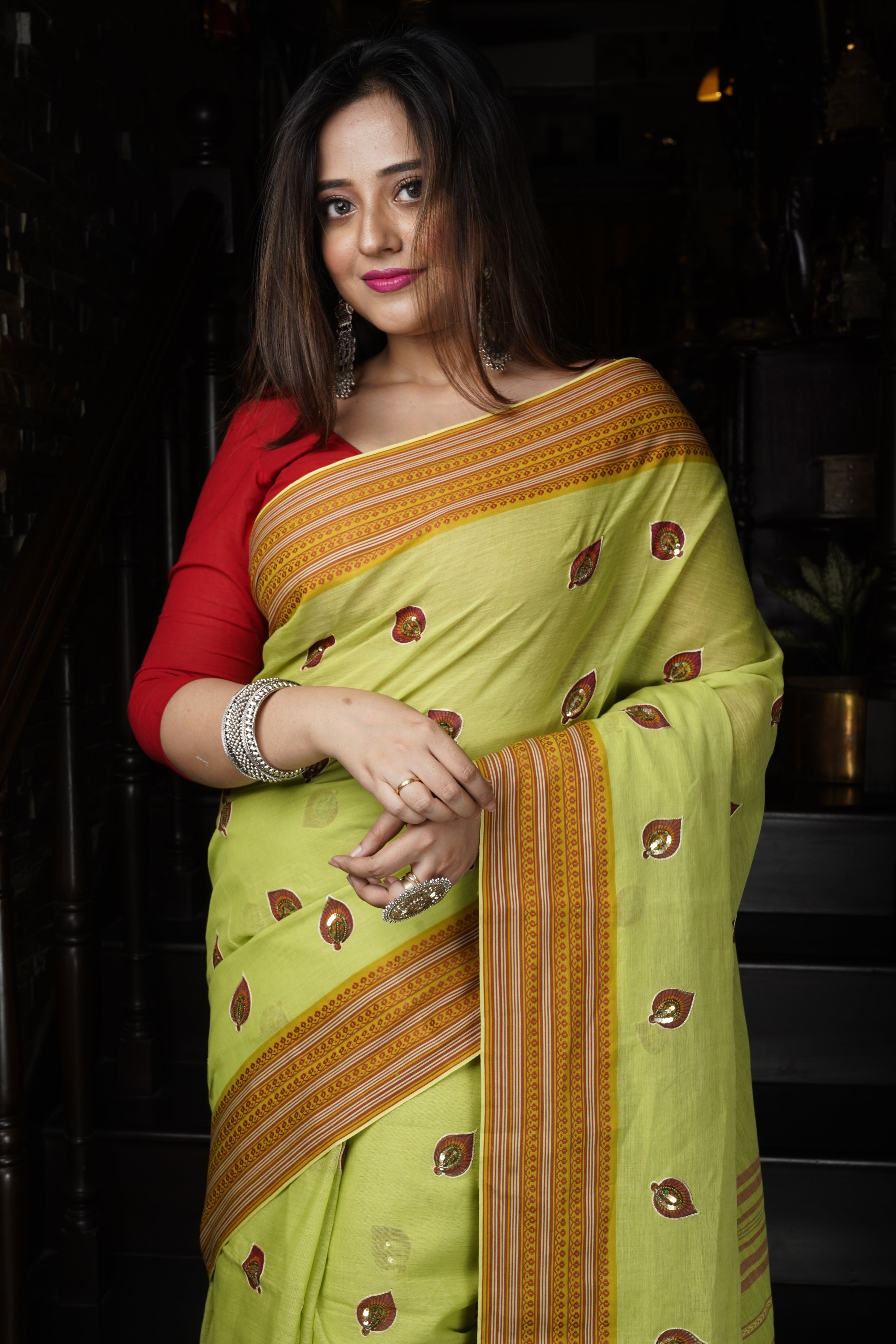 Handwoven Cotton Saree With Kantha Work