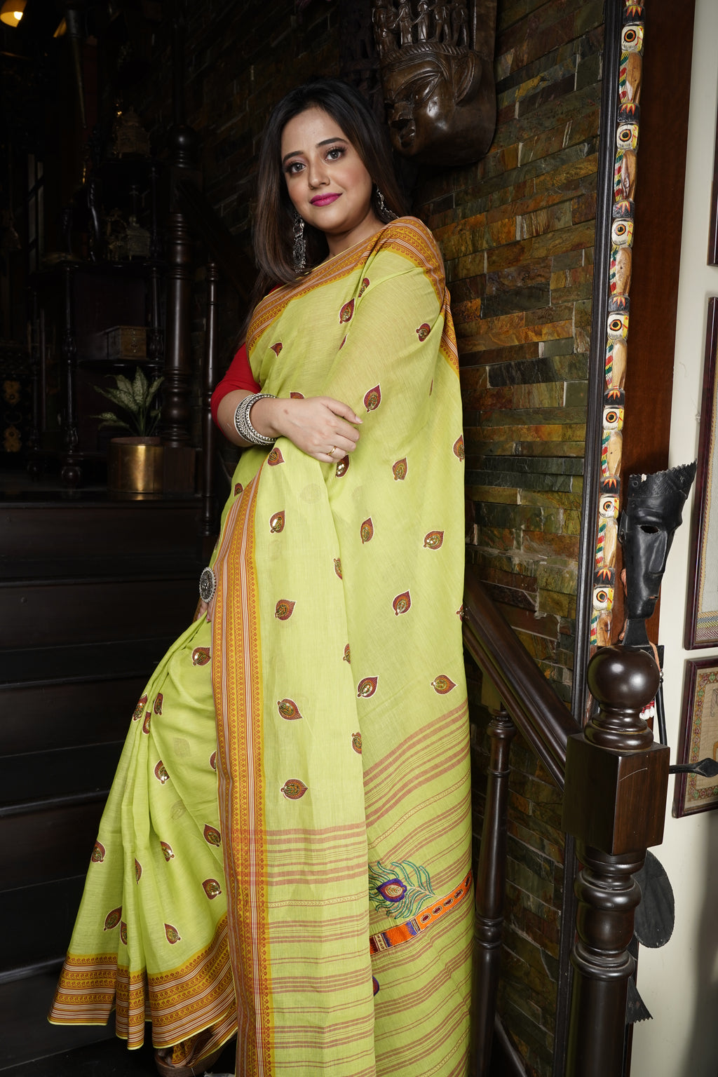 Handwoven Cotton Saree With Kantha Work