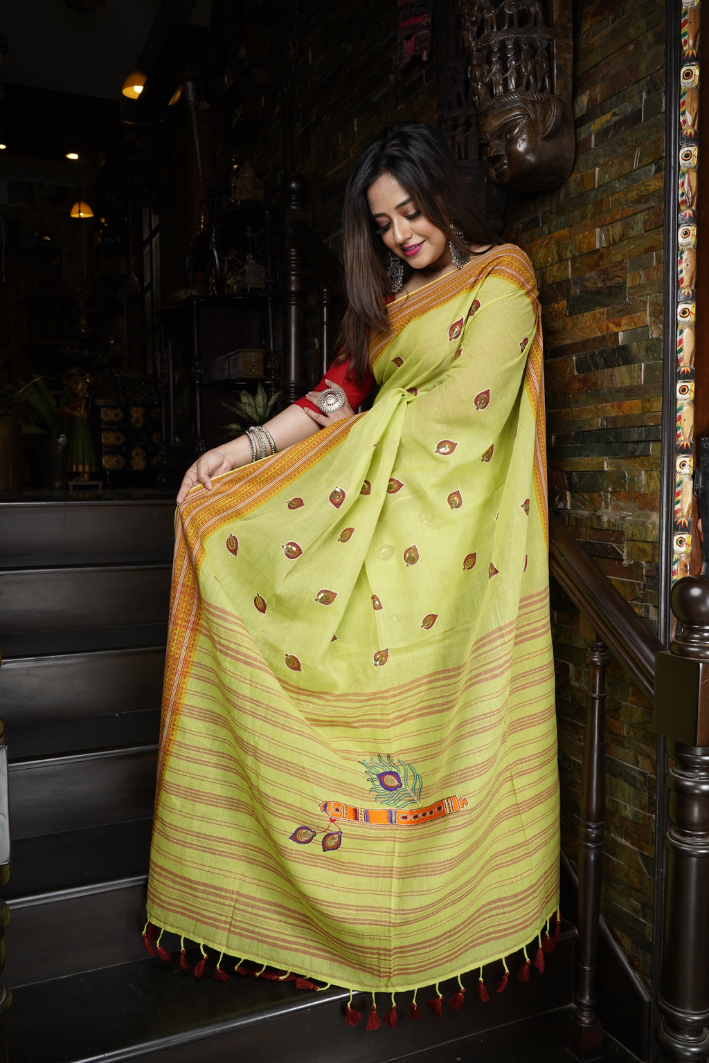 Handwoven Cotton Saree With Kantha Work