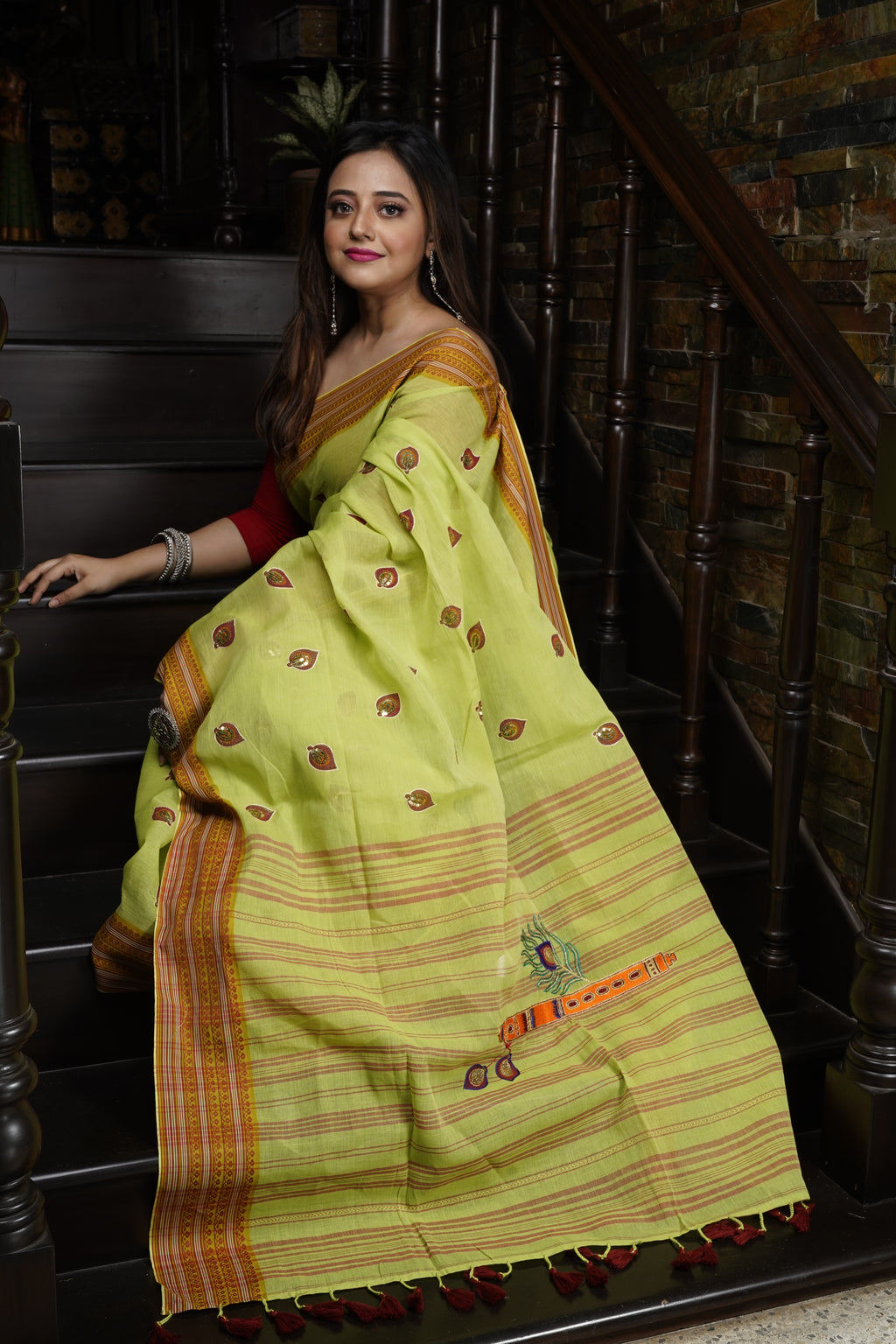 Handwoven Cotton Saree With Kantha Work