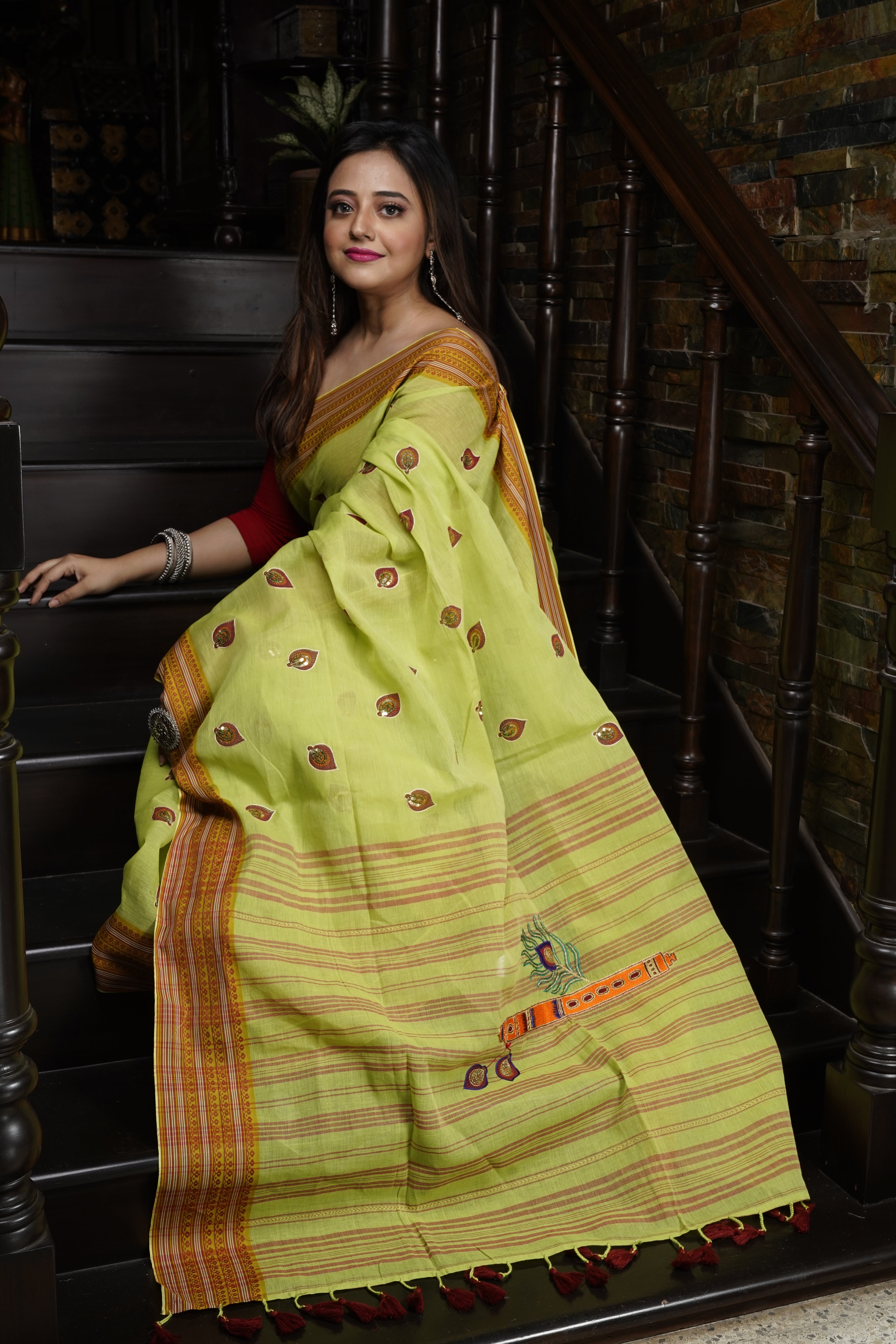 Handwoven Cotton Saree With Kantha Work