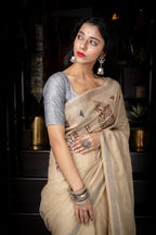 Handwoven Beige Linen Saree With Needle Work
