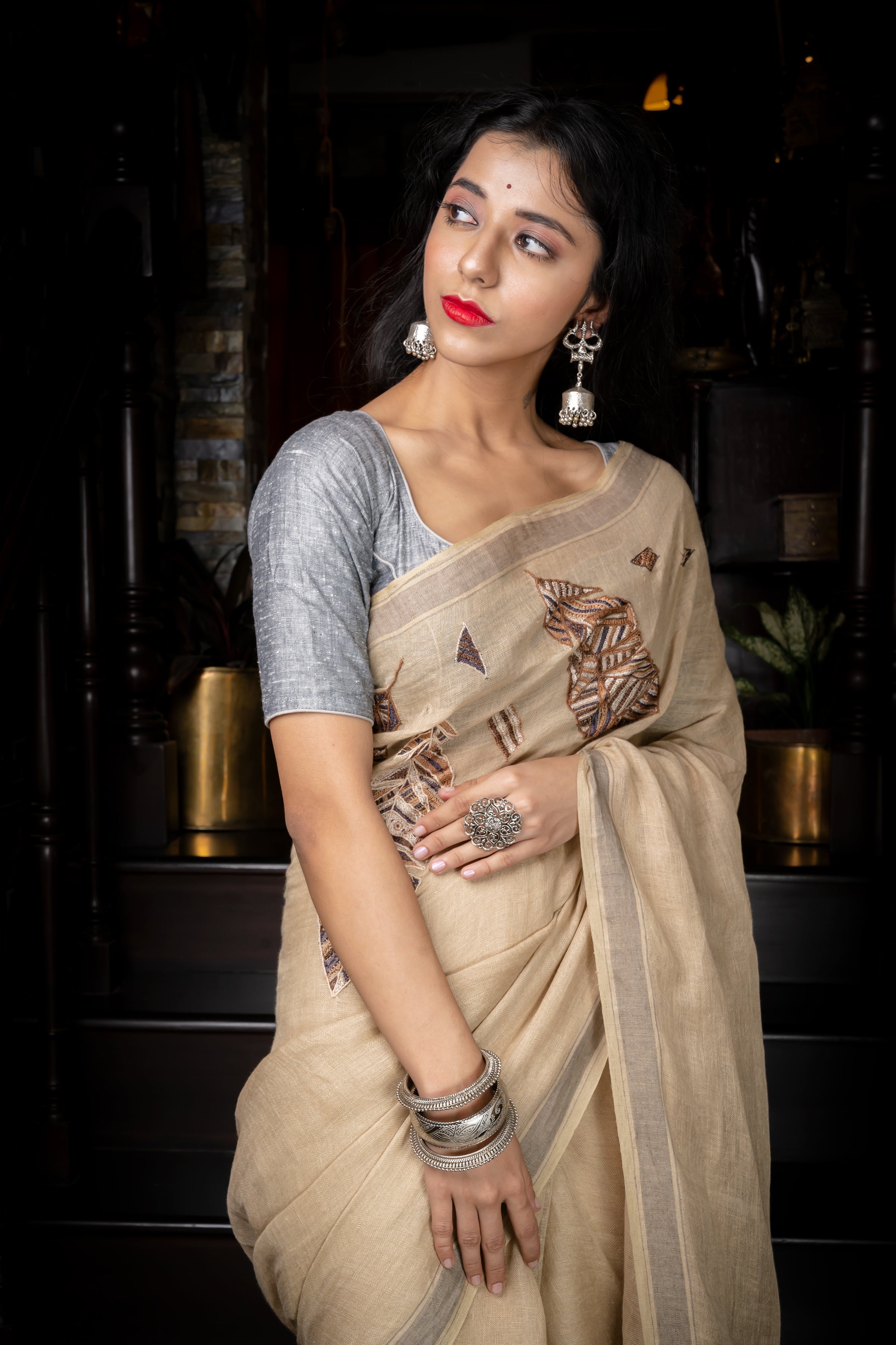 Handwoven Beige Linen Saree With Needle Work