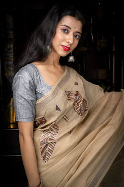 Handwoven Beige Linen saree with needle work