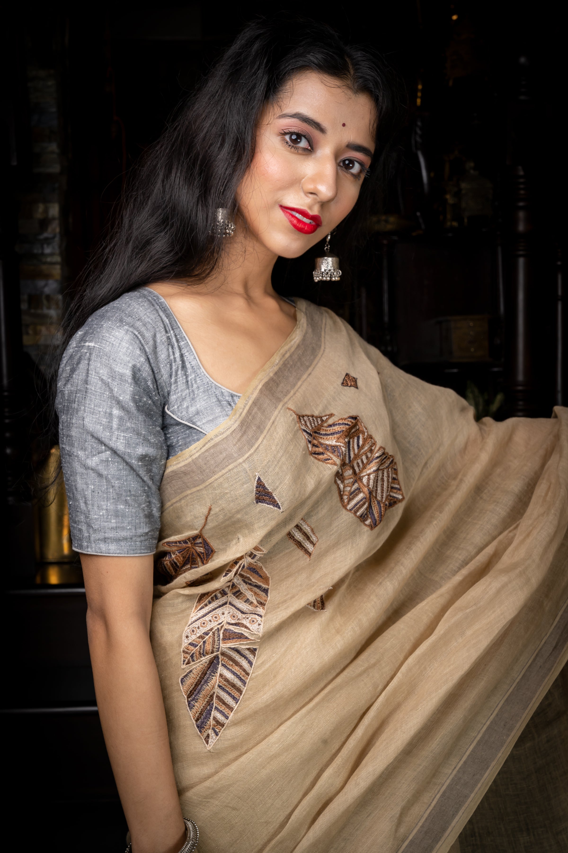 Handwoven Beige Linen Saree With Needle Work