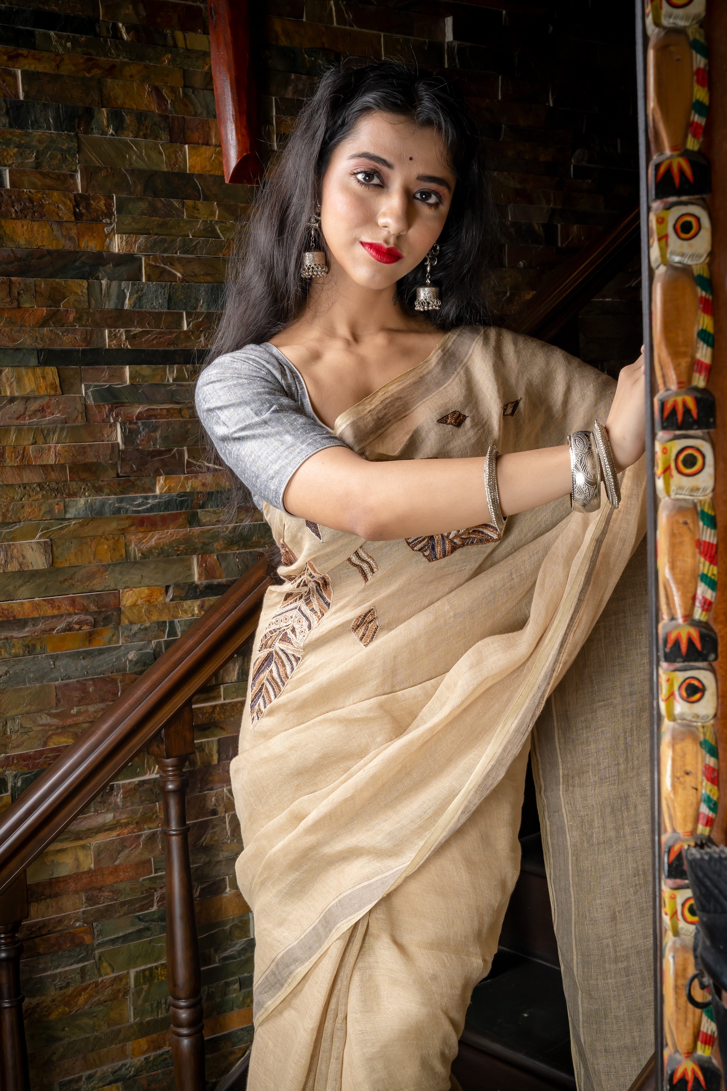 Handwoven Beige Linen Saree With Needle Work