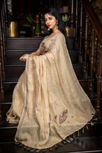 Handwoven Beige Linen Saree With Needle Work
