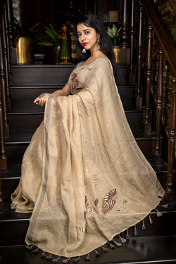 Handwoven Beige Linen saree with needle work