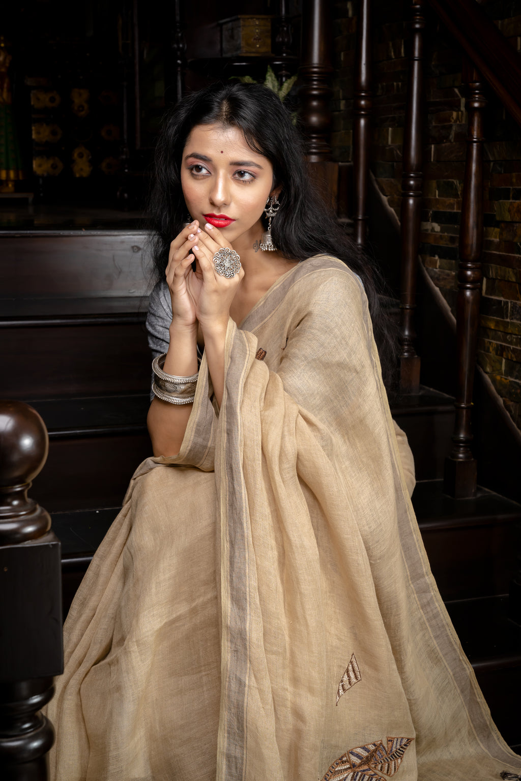 Handwoven Beige Linen Saree With Needle Work