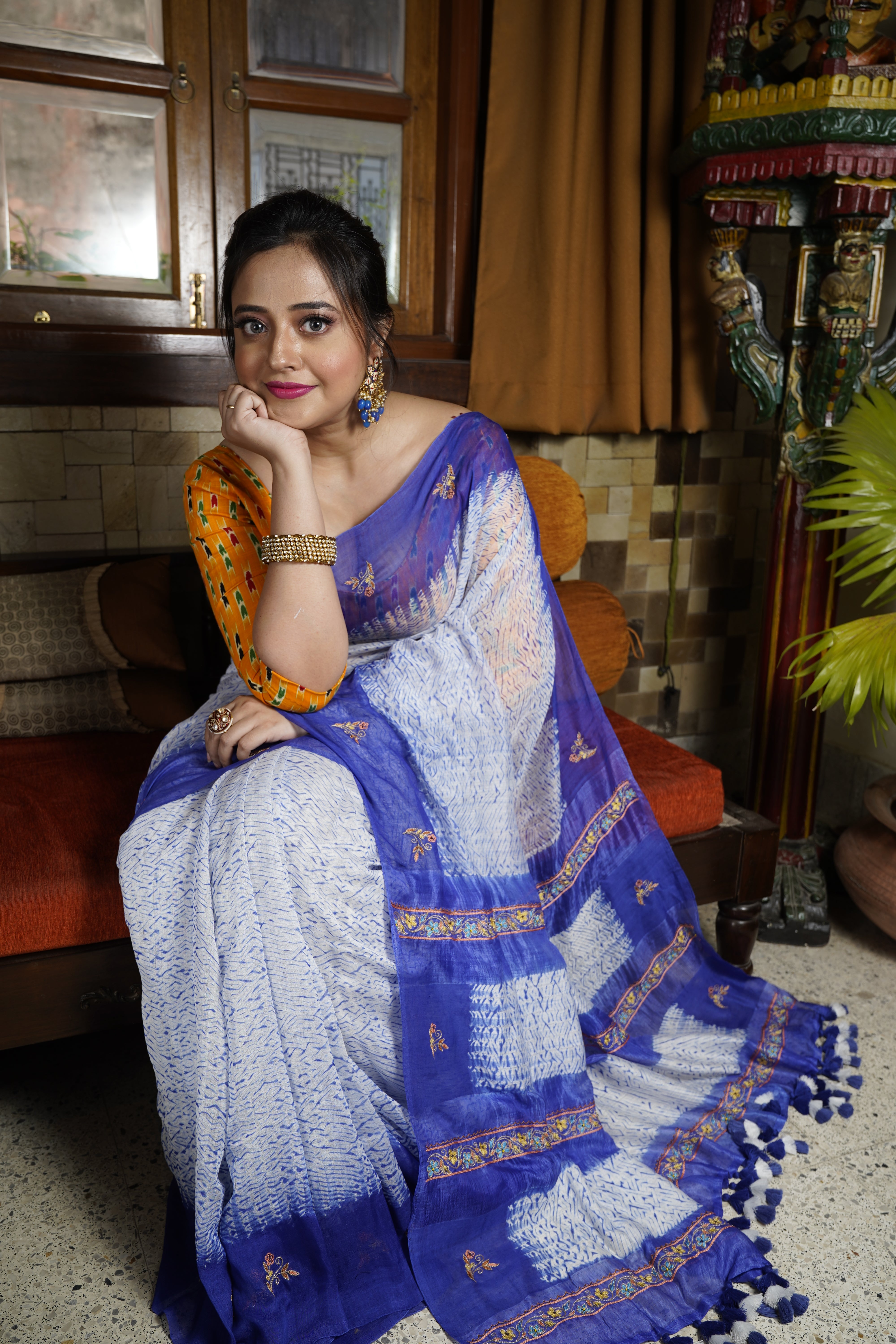 Handwoven Blue Shibory Saree With Work