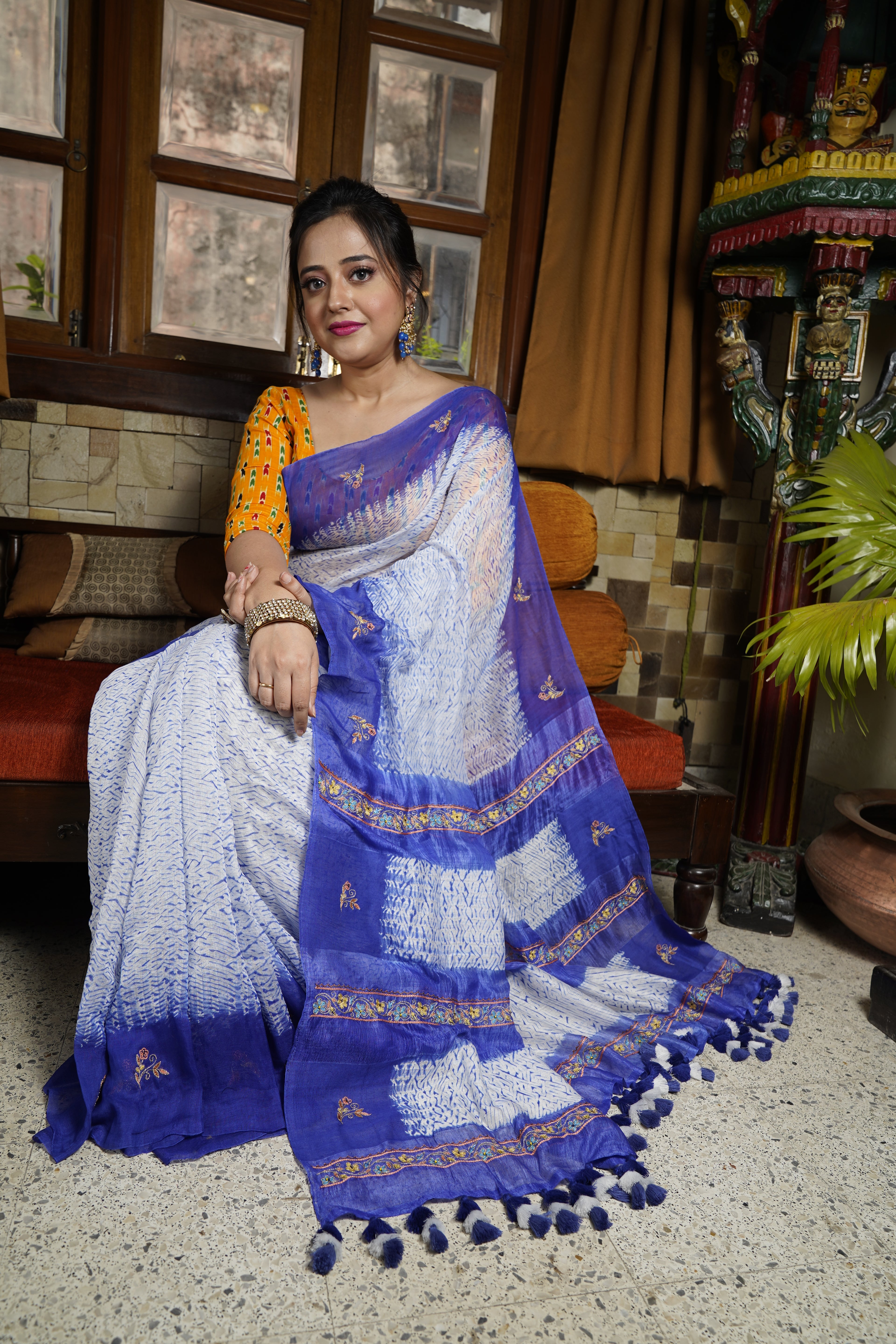 Handwoven Blue Shibory Saree With Work