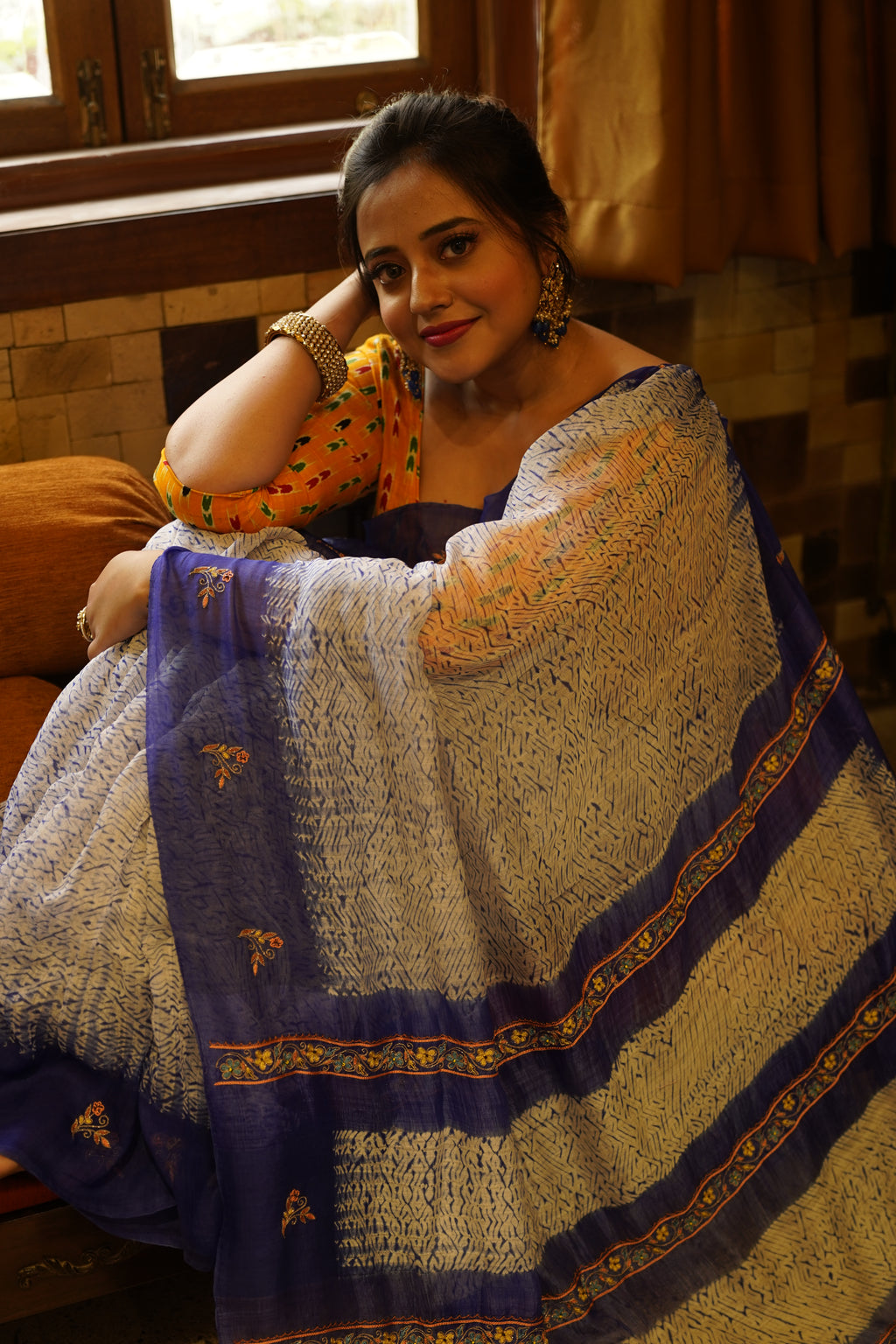 Handwoven Blue Shibory Saree With Work