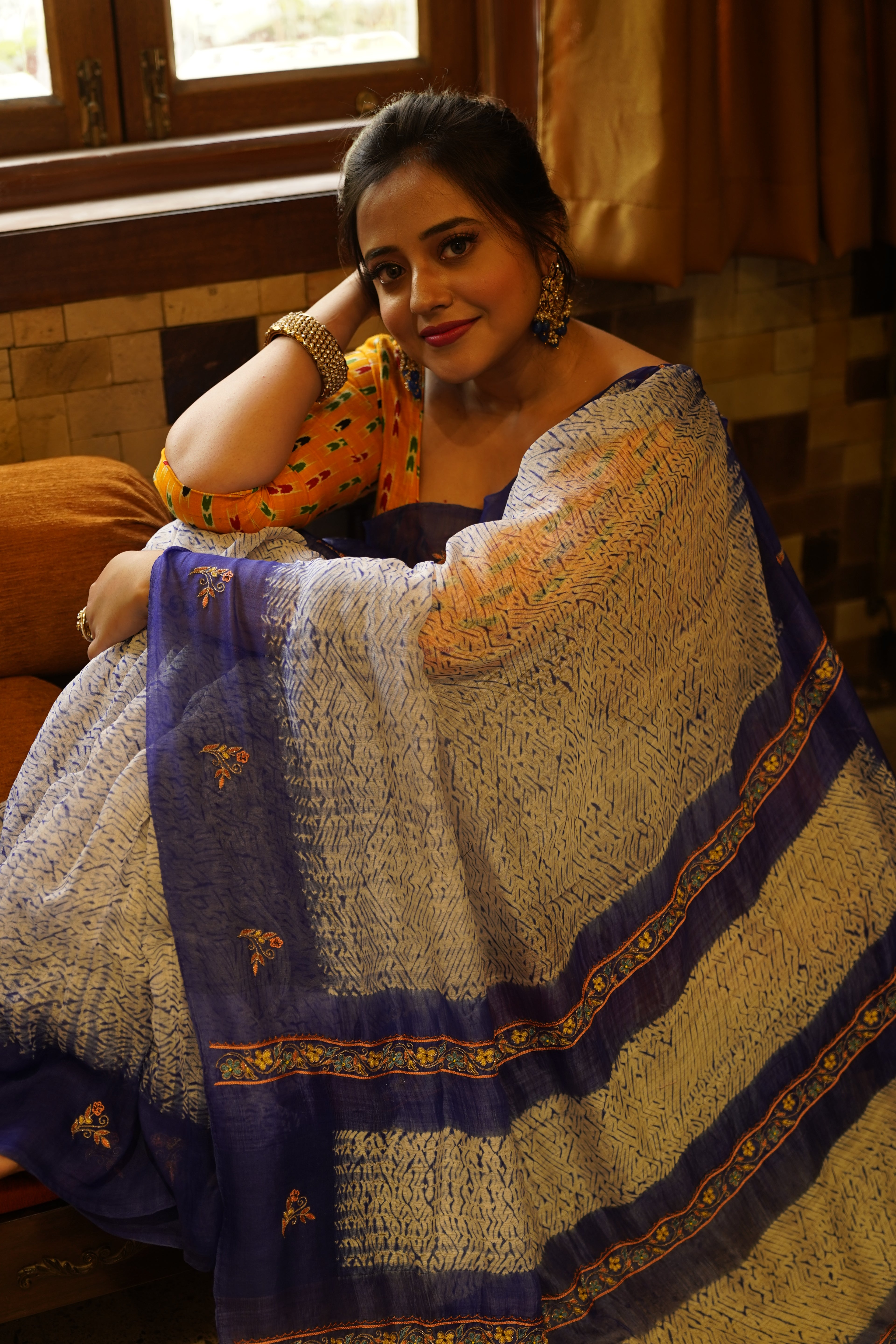 Handwoven Blue Shibory Saree With Work
