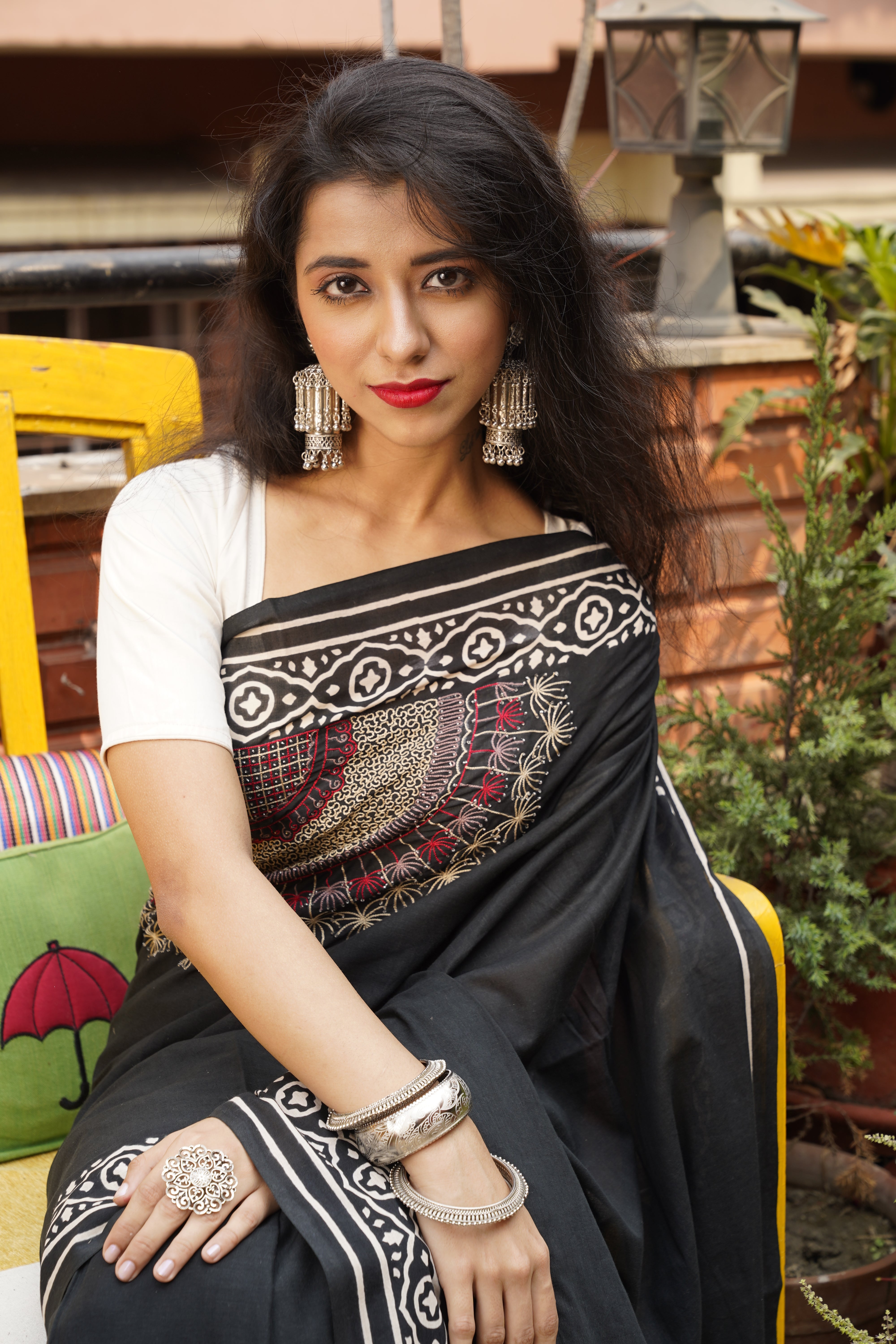 Handwoven Black Cotton saree with kantha work