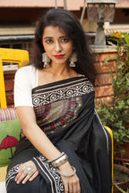 Handwoven Black Cotton Saree With Kantha Work
