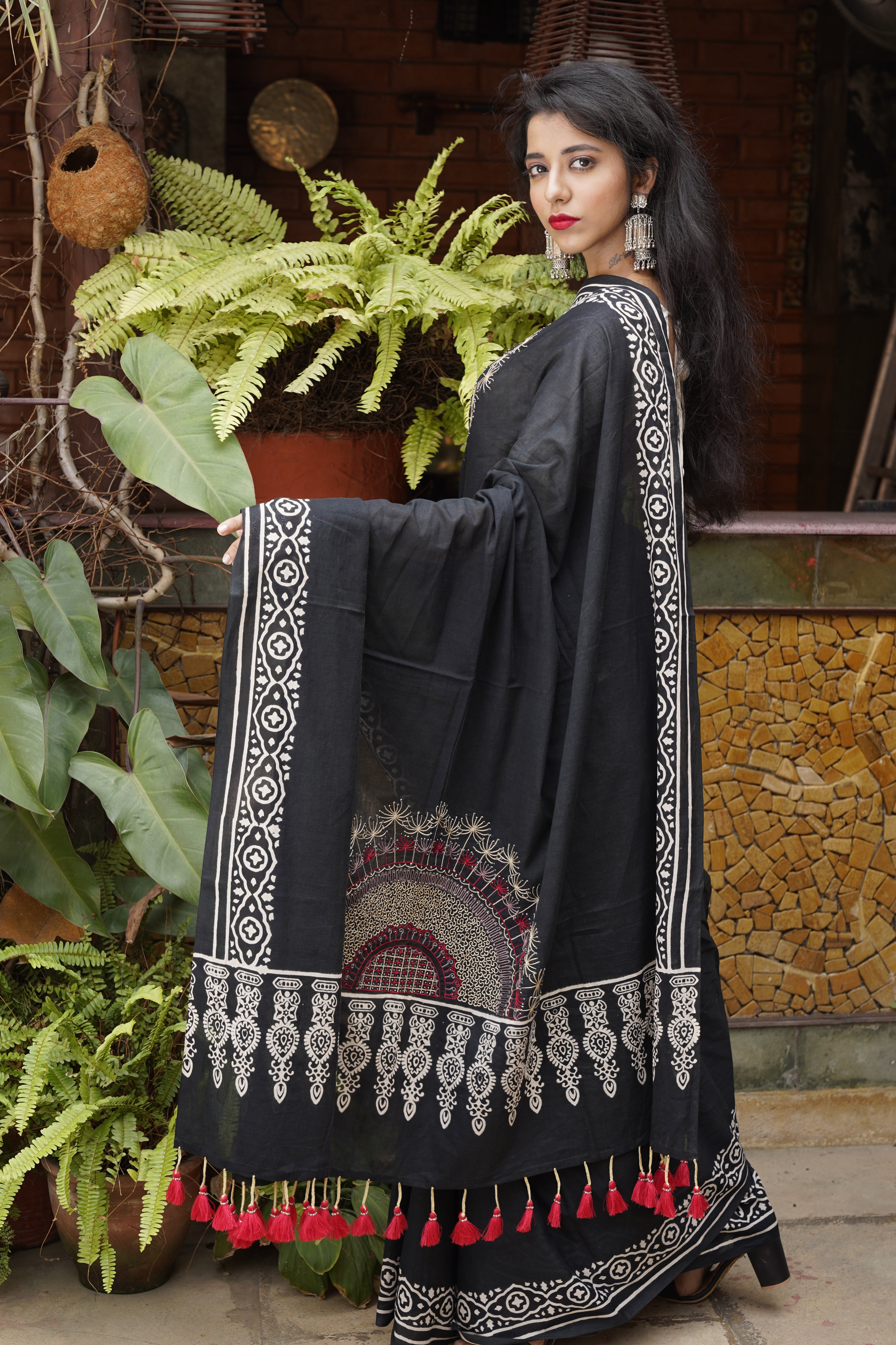 Handwoven Black Cotton Saree With Kantha Work