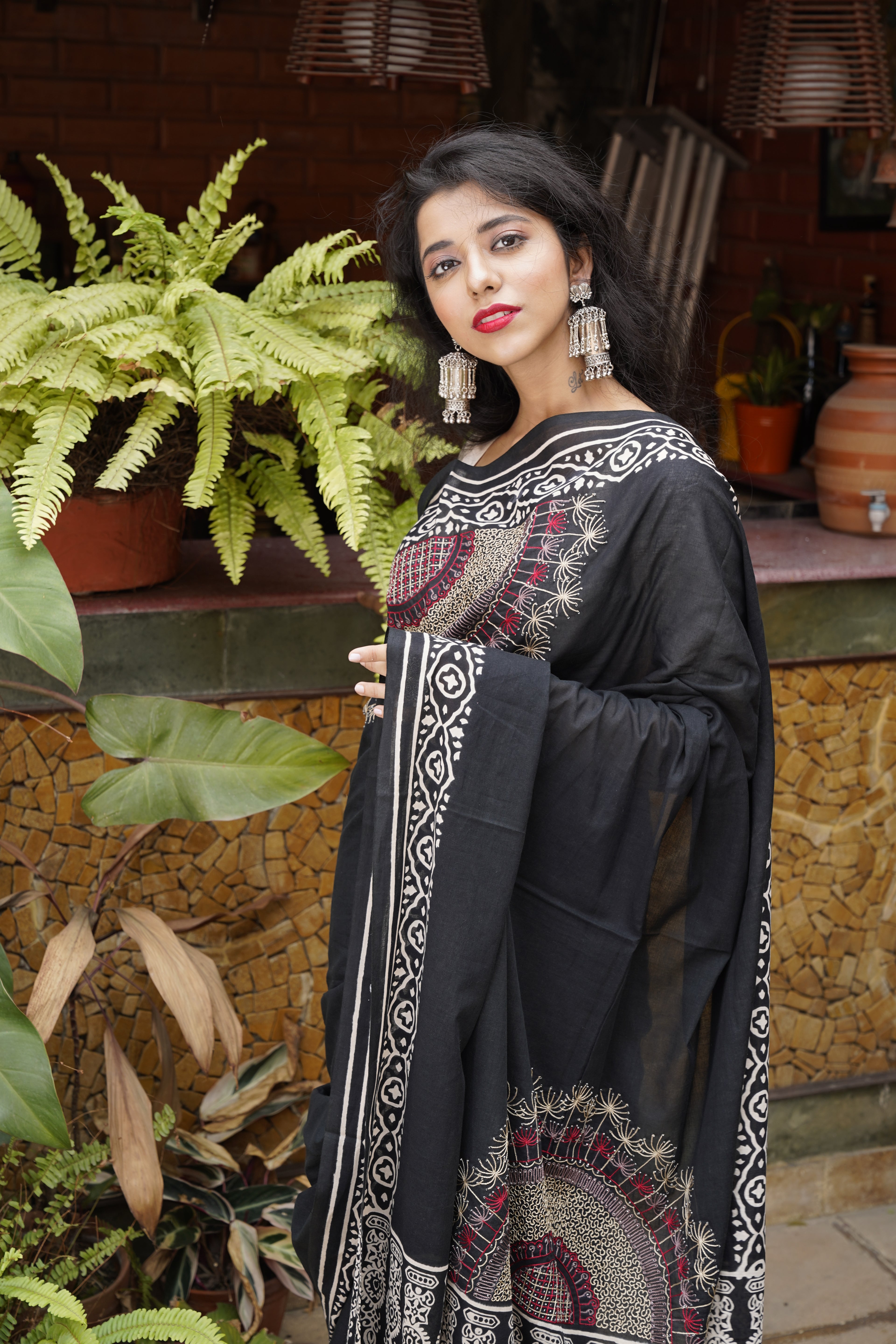 Handwoven Black Cotton Saree With Kantha Work
