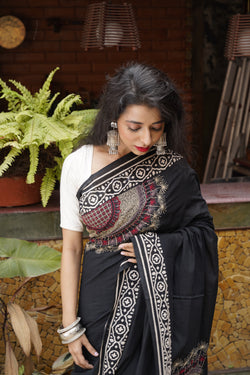 Handwoven Black Cotton saree with kantha work