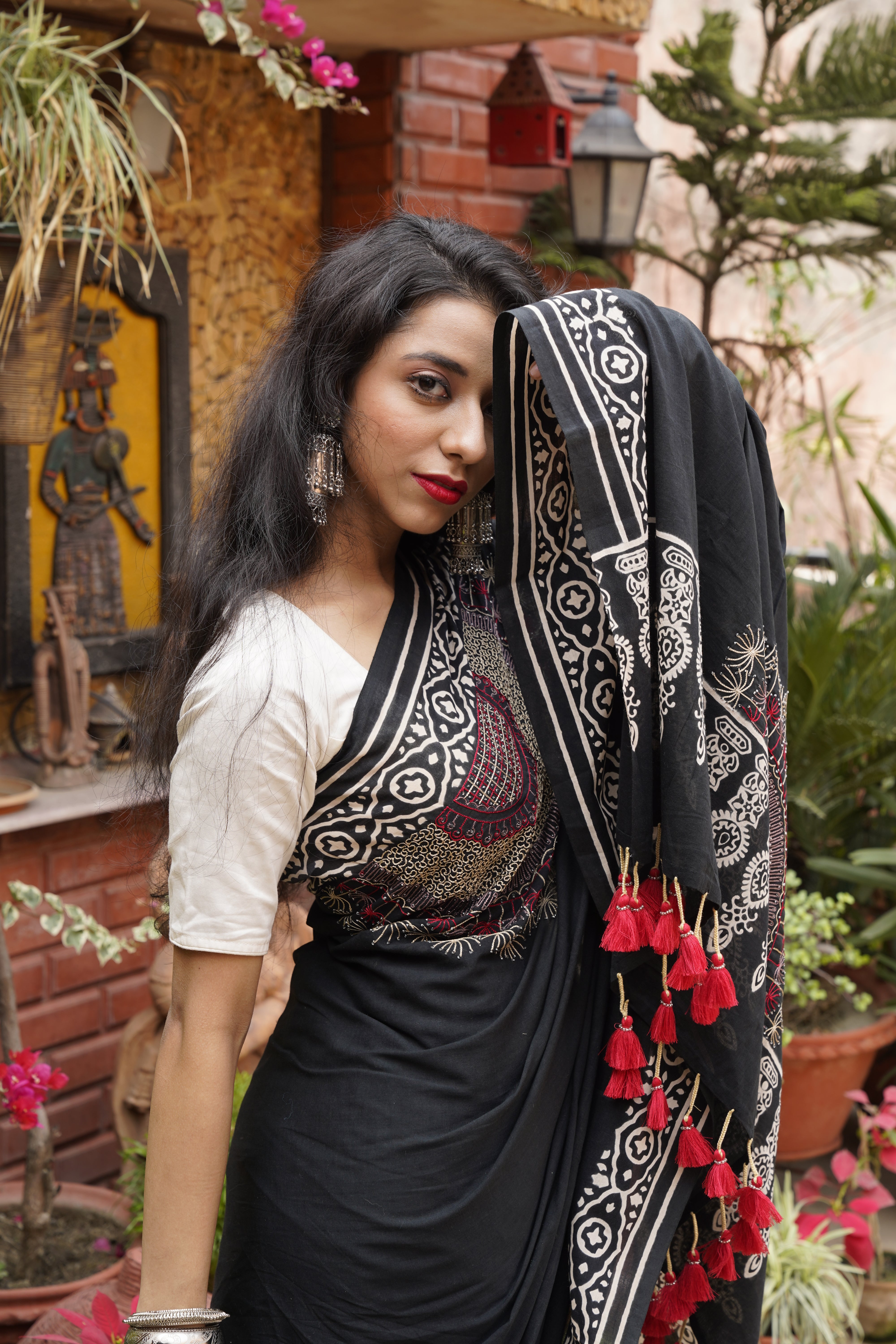 Handwoven Black Cotton saree with kantha work