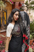 Handwoven black cotton saree with Kantha work