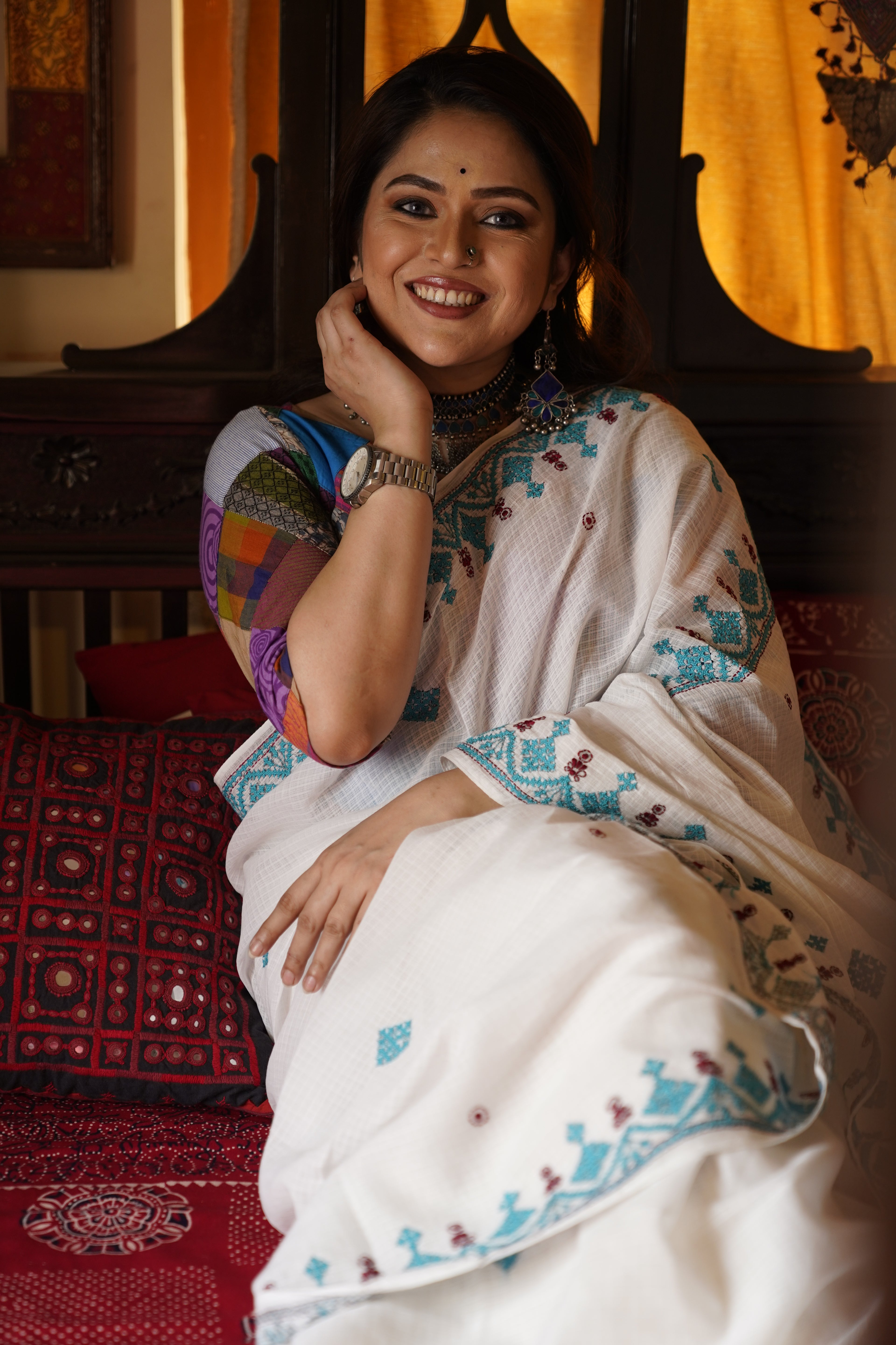 Handwoven Cotton Saree With Kantha Work