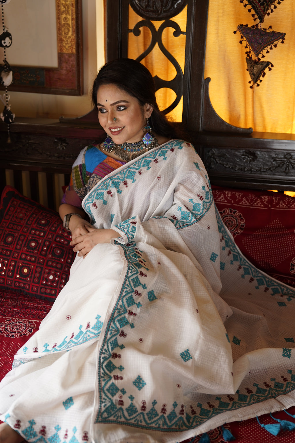 Handwoven Cotton Saree With Kantha Work