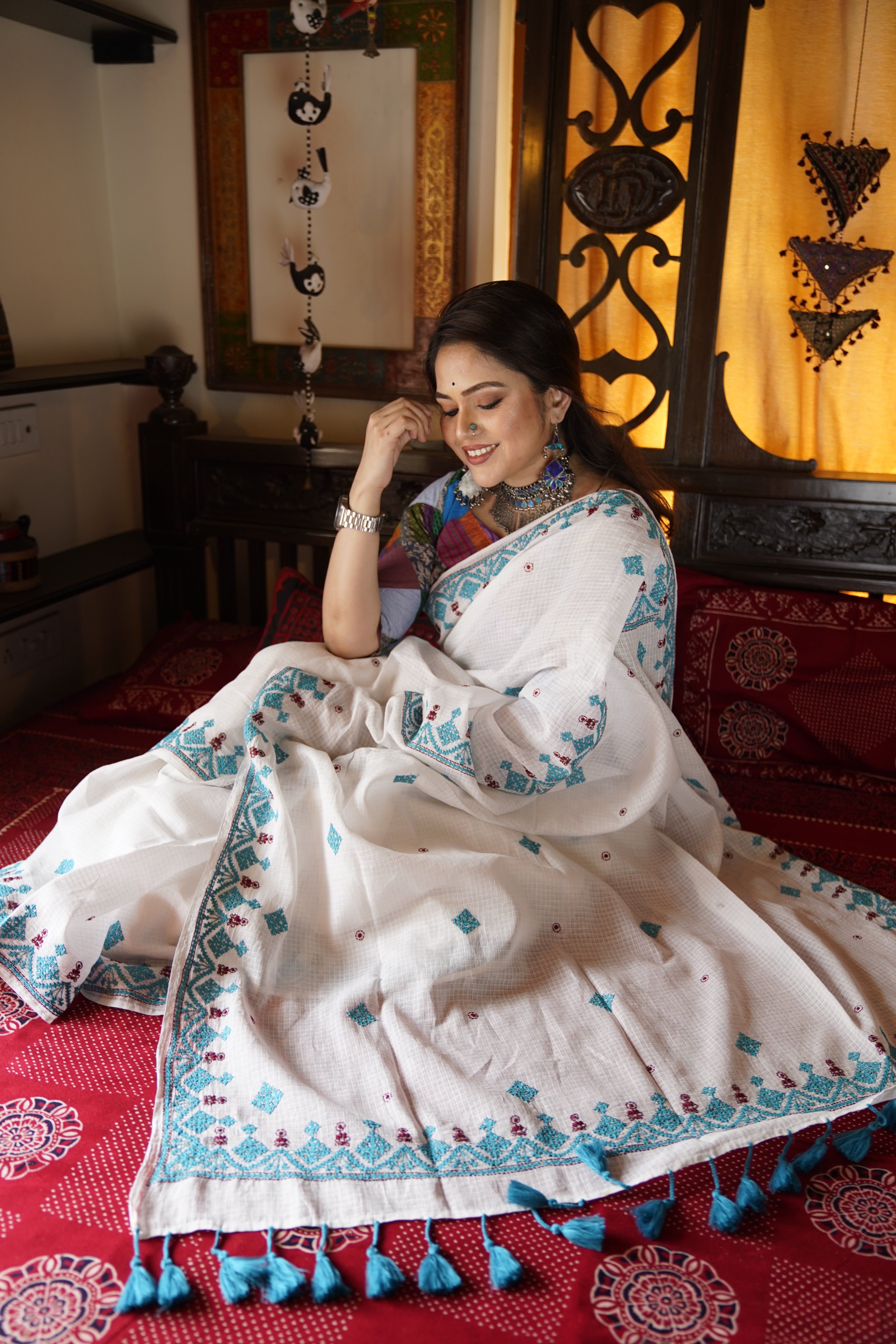 Handwoven Cotton Saree With Kantha Work