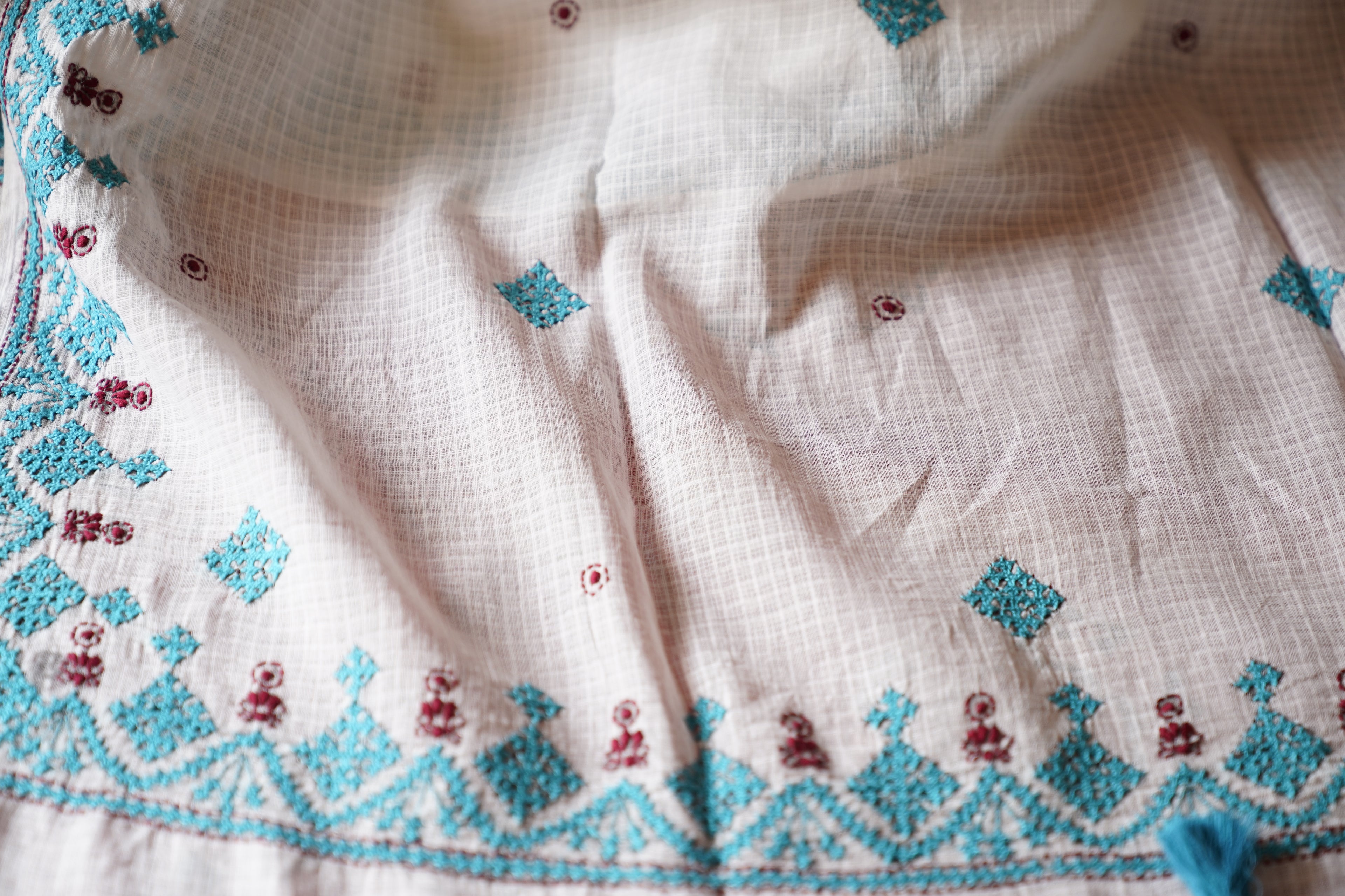 Handwoven Cotton Saree With Kantha Work