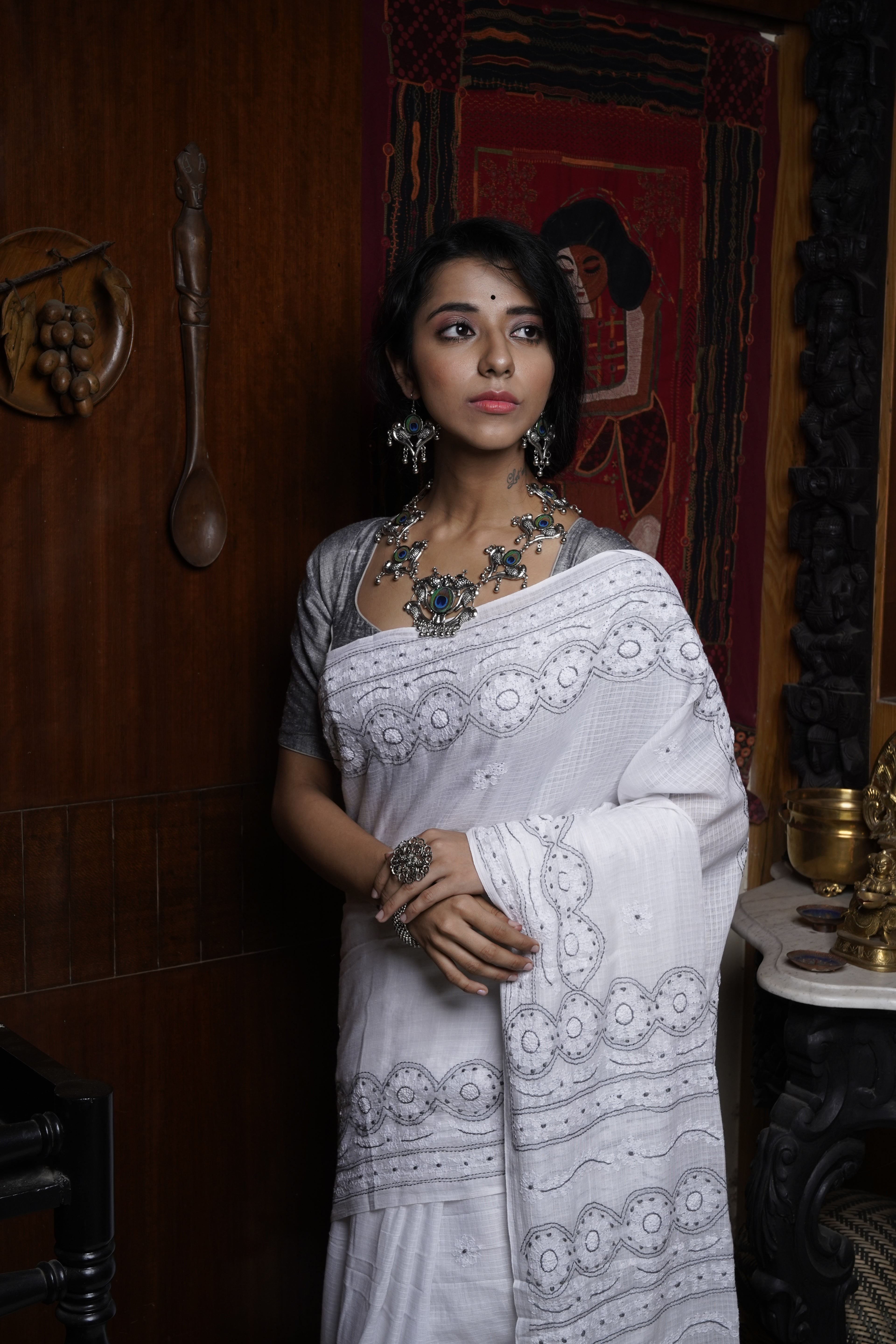 Handwoven Cotton Saree  With Kantha Work