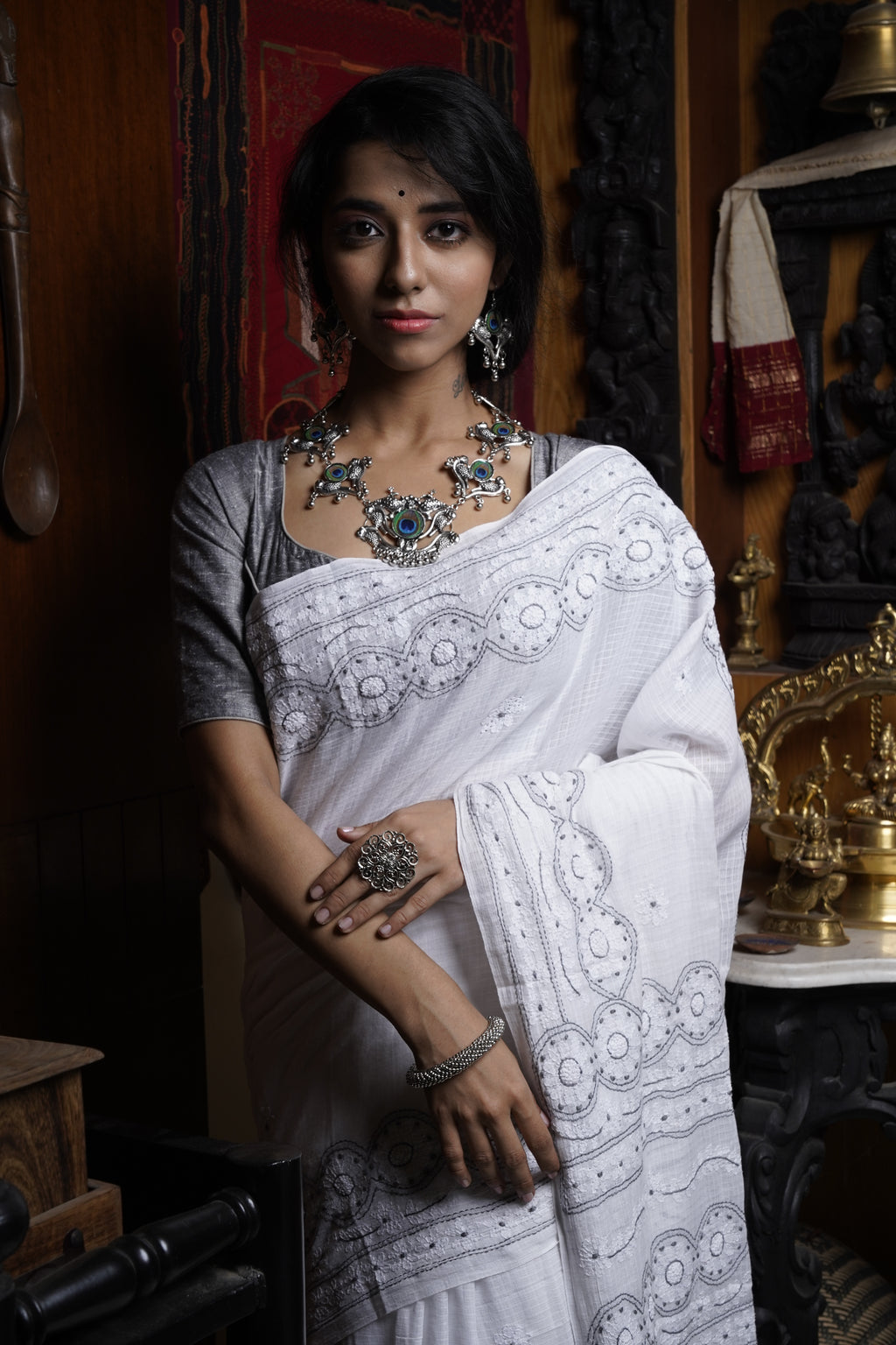 Handwoven Cotton Saree  With Kantha Work