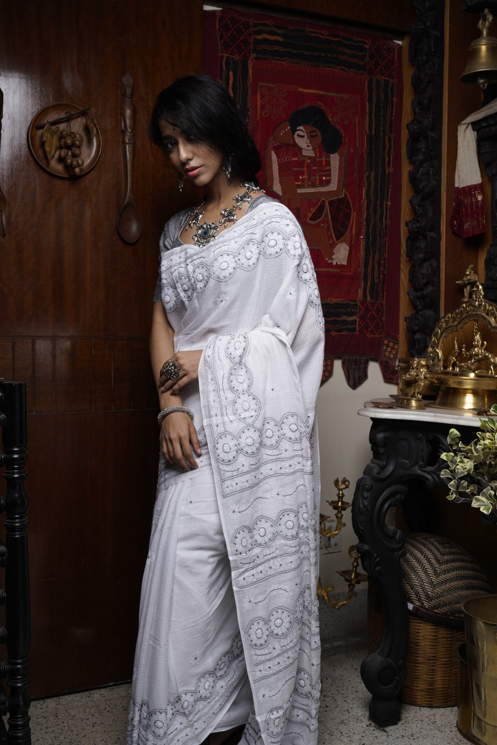 Handwoven Cotton Saree  With Kantha Work