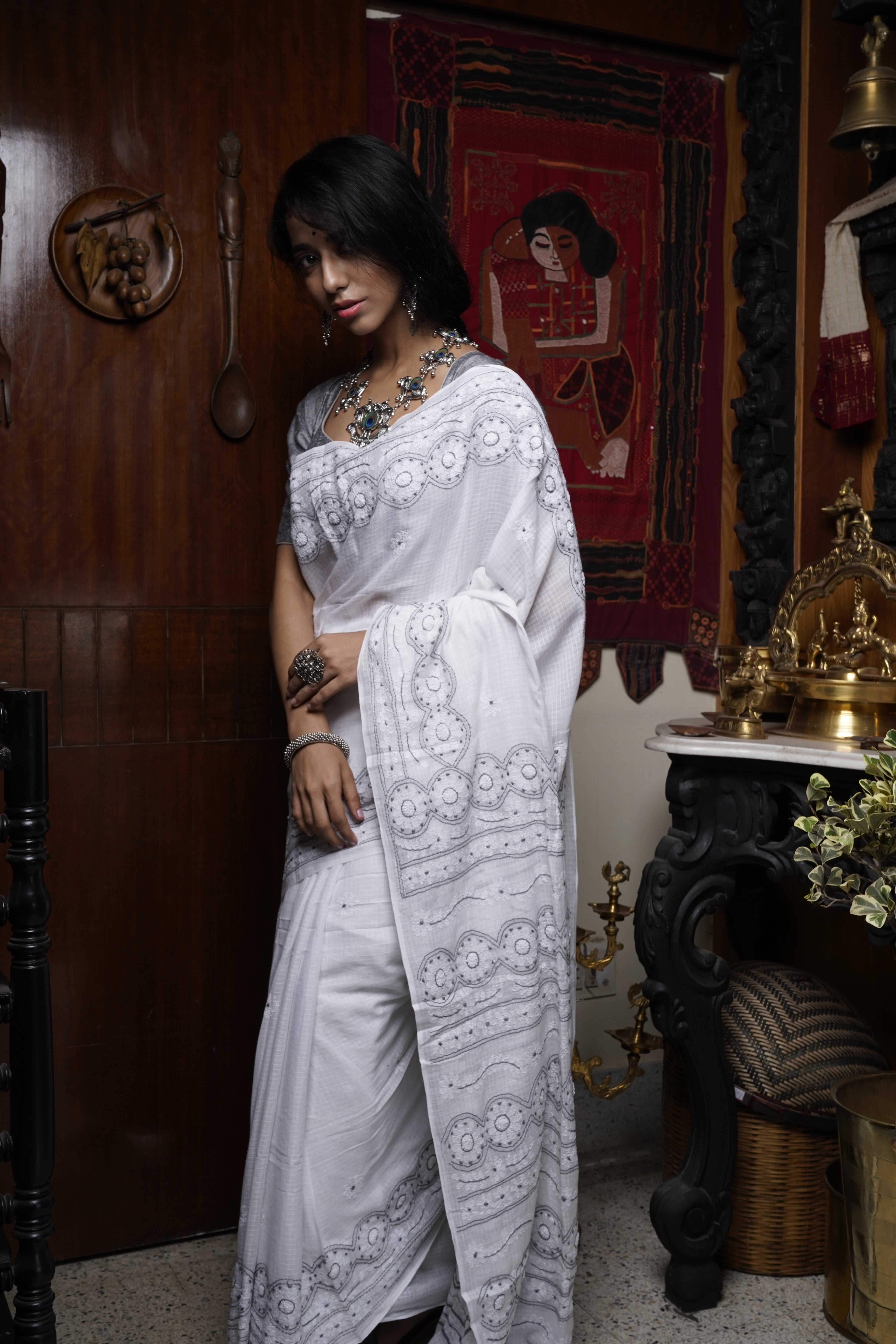 Handwoven Cotton Saree  With Kantha Work
