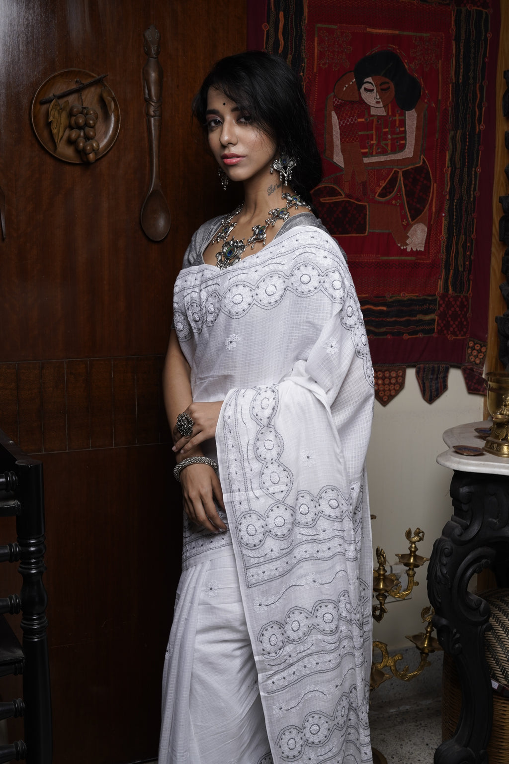 White cotton handloom saree with Khaki embroidery