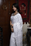 White cotton handloom saree with Khaki embroidery