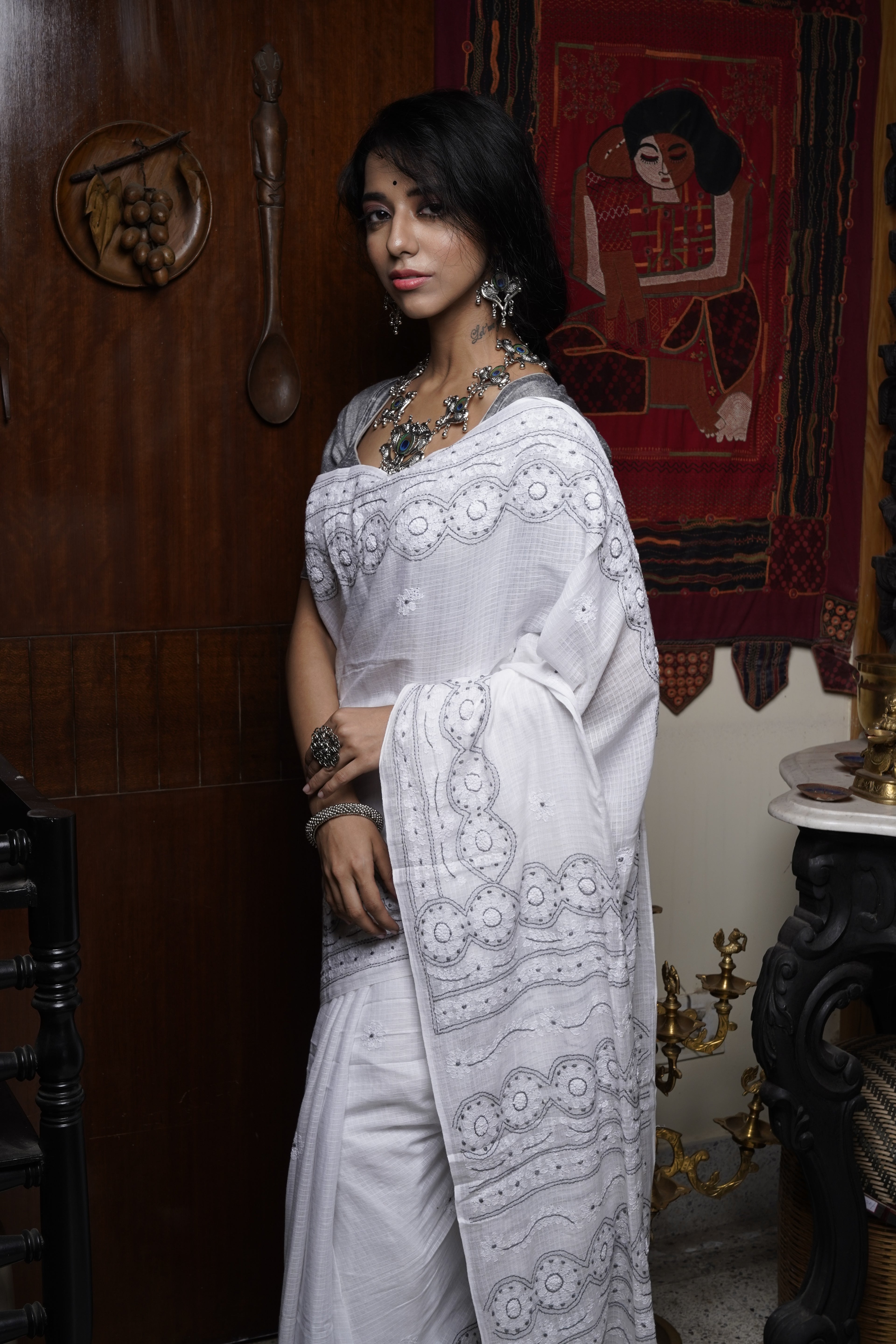 White cotton handloom saree with Khaki embroidery