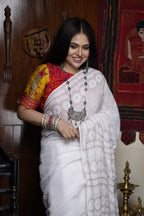 Handwoven White Cotton Saree With Khaki Work
