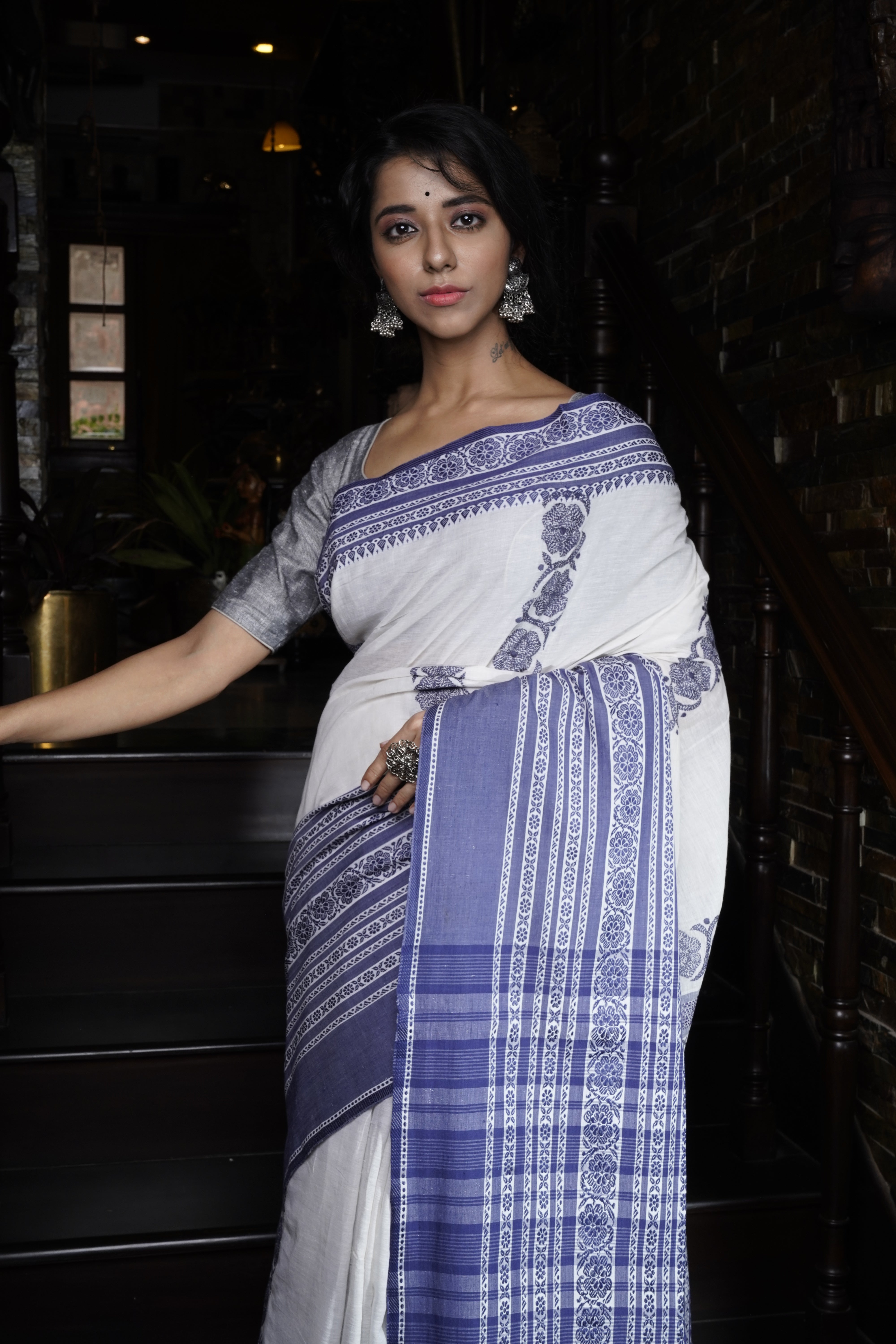 Handwoven White Cotton Saree with Kantha work
