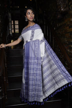 Handwoven White Cotton Saree With Kantha Work