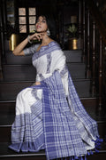 Handwoven White Cotton Kantha Saree