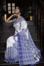 Handwoven White Cotton Kantha Saree