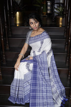 Handwoven White Cotton Saree With Kantha Work