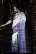 Handwoven white cotton Kantha saree