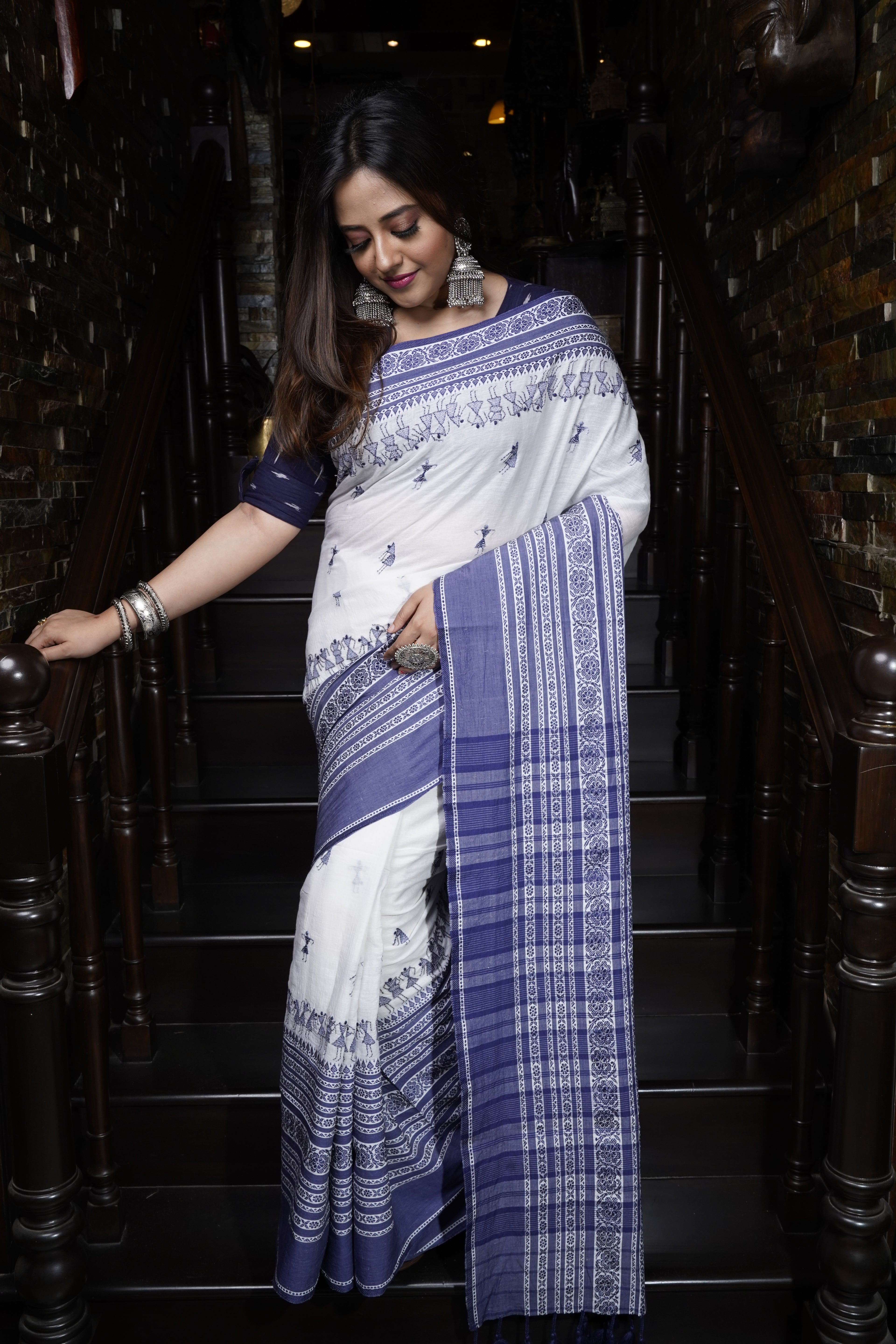 Handwoven white cotton Kantha saree