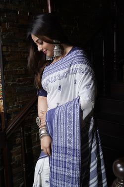 Handwoven White Cotton Kantha Saree