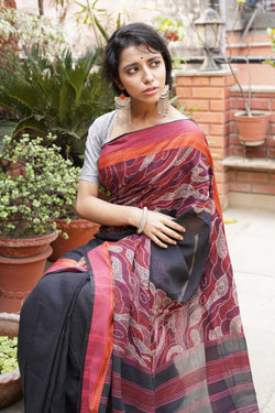 Handwoven black cotton saree with kantha work