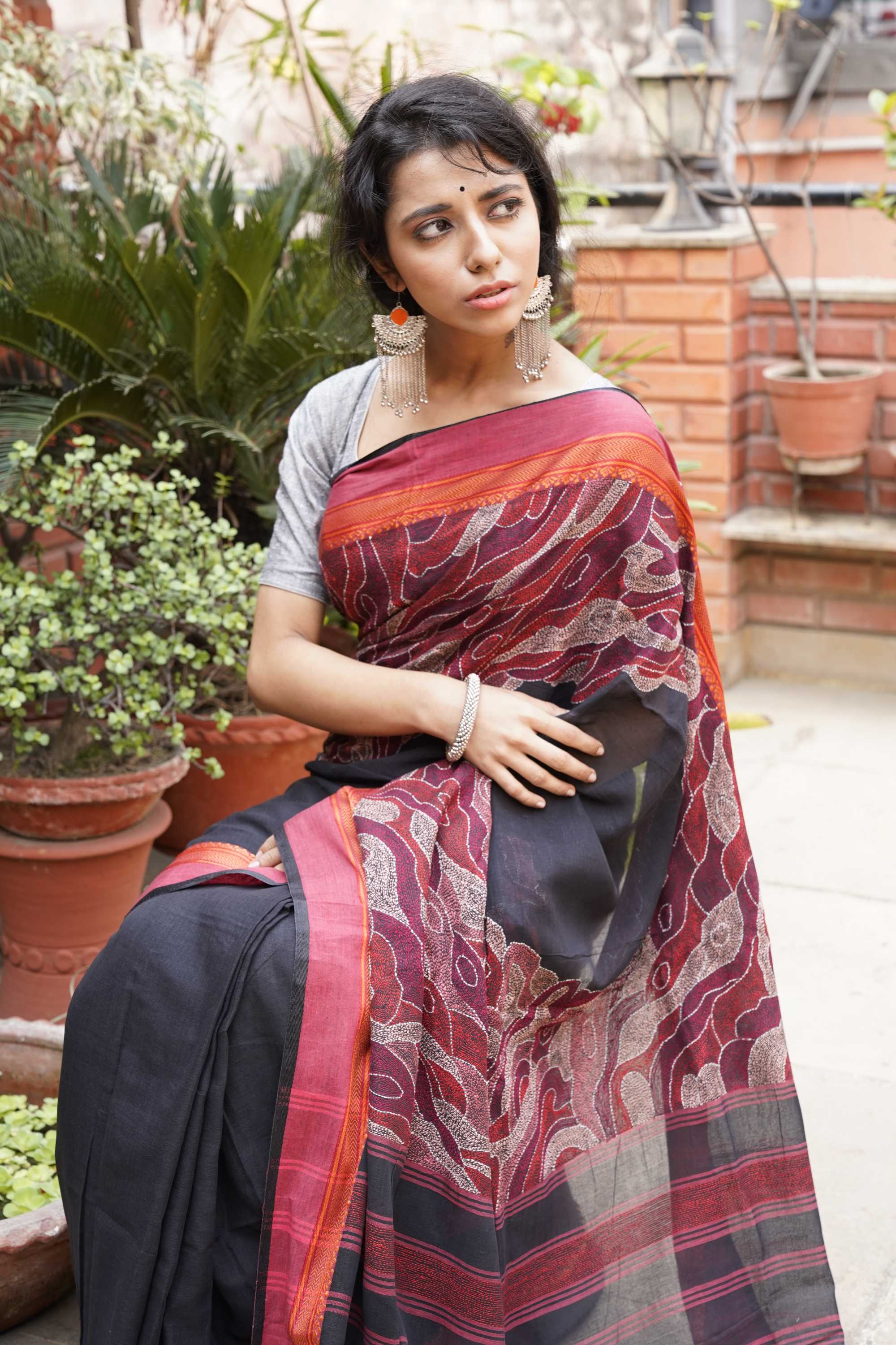 Handwoven Black Cotton Saree With Kantha Work