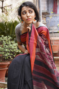 Handwoven black cotton saree with kantha work